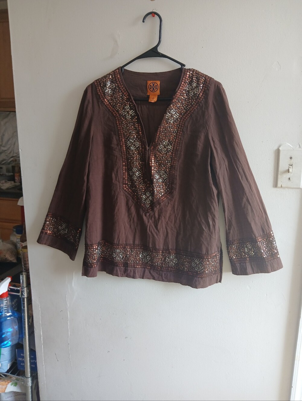 Tory Burch Brown Sequin-Trim Tunic Top